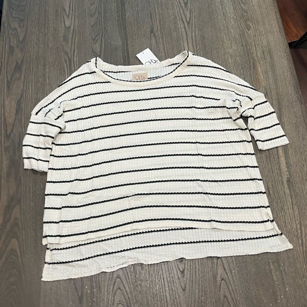 NWT Chaser White Black Striped Waffle Knit Boxy Thermal Tee Size M